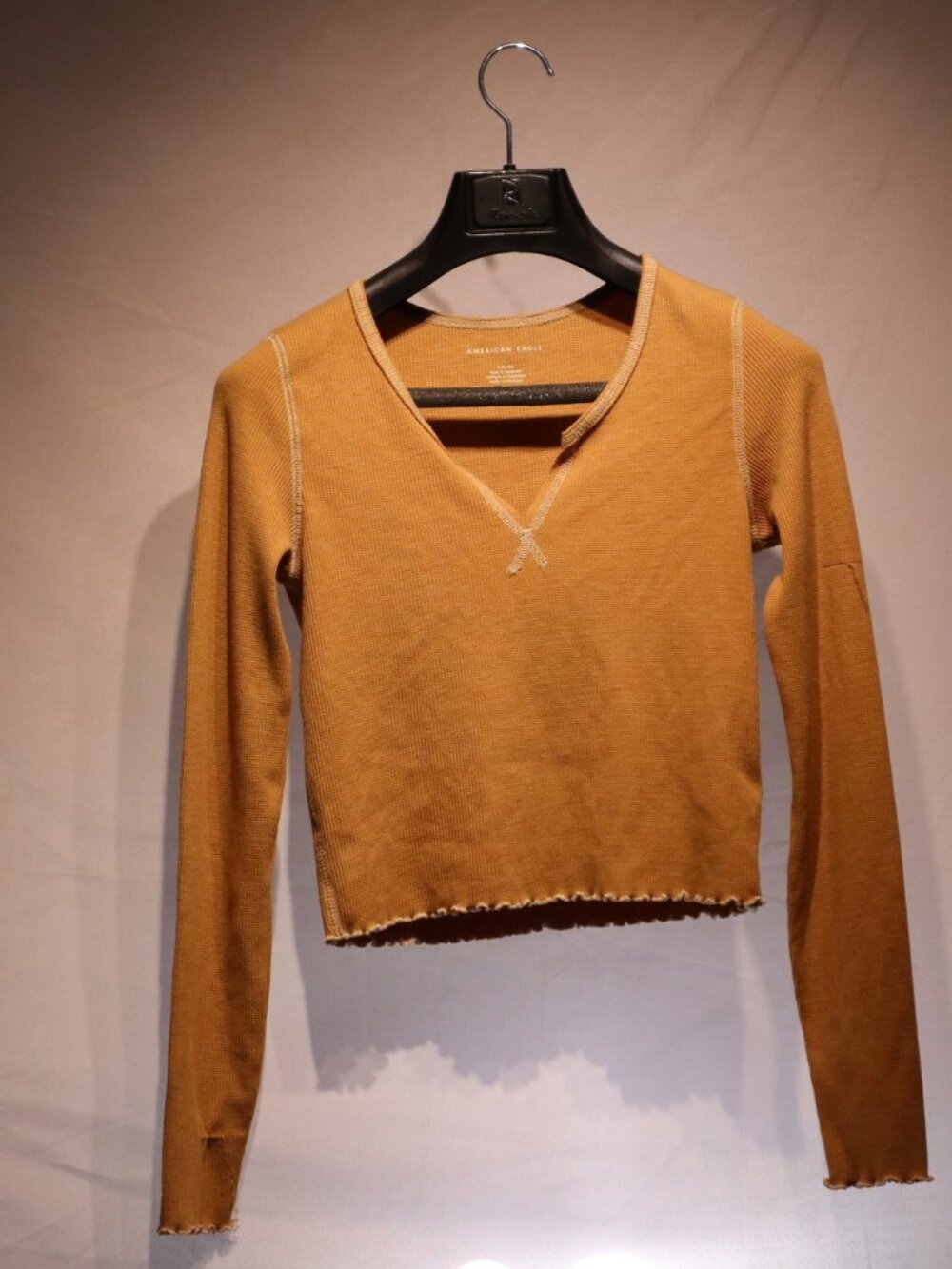 American Eagle Cream Other Cropped waffle thermal long sleeve, lettuce hem Size